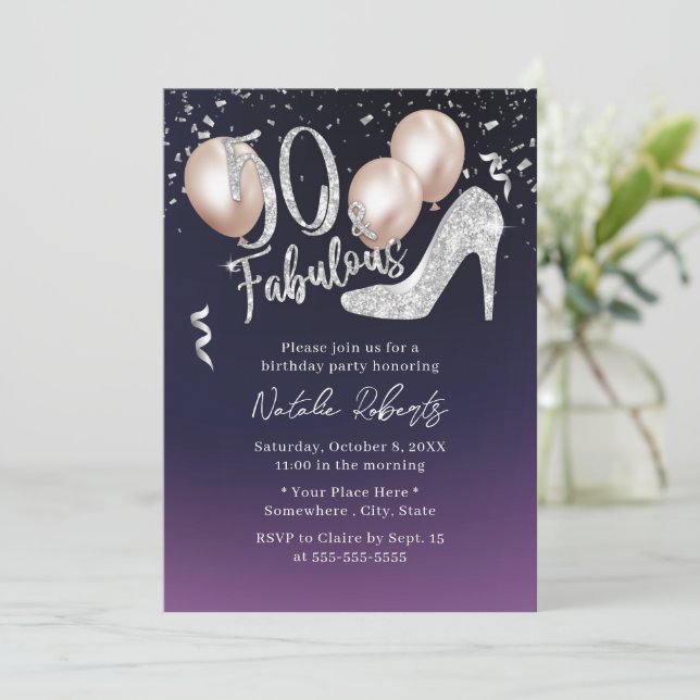 Invitación 50 y Fabuloso Chica 50 cumpleaños Elegante morado  (Anverso de pie)
