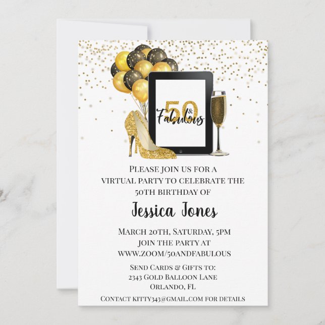 Invitación 50 y Fabuloso Cincuenta Cumpleaños Virtual Oro (Anverso)