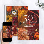 Invitación 50 y Fabuloso color Moody oscuro colores de sol fl<br><div class="desc">Celebra tu 50 cumpleaños con estilo con esta magnífica invitación floral de 50 y fabuloso color oscuro morado de colores de sol. Cuando la sofisticación se une a la vitalidad femenina, esta hermosa disposición presenta fotografías de flores de rosa y de jardín. Personalizar completamente tu invitación añadiendo detalles personales escritos...</div>