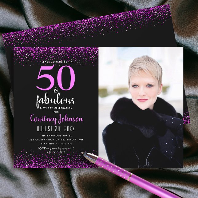 Invitación 50 y fabuloso confeti rosa de cumpleaños en negro (Subido por el creador)