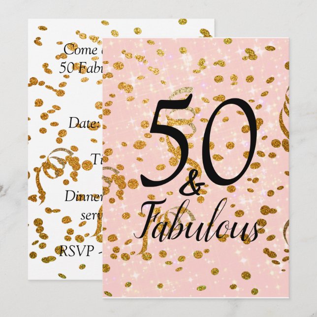 Invitación 50 y fabuloso Confetti de oro rosado de la fiesta  (Anverso / Reverso)
