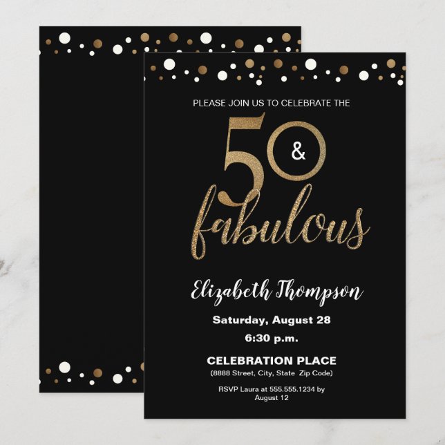 Invitación 50 y fabuloso Confetti Nacimiento y Oro Negro (Anverso / Reverso)