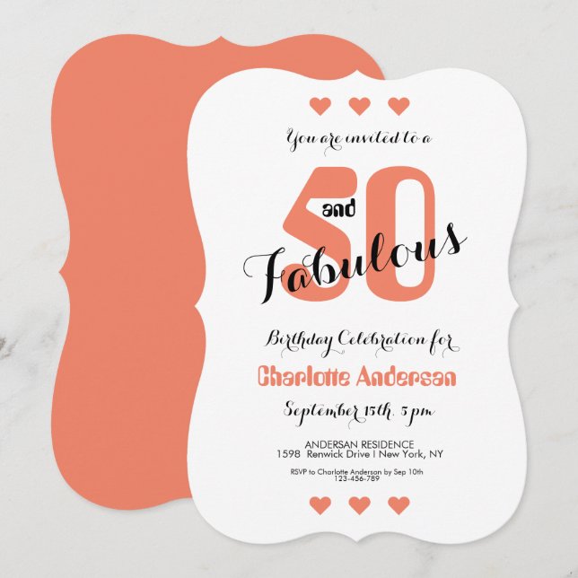 Invitación 50 y fabuloso Coral Hearts 50 cumpleaños (Anverso / Reverso)