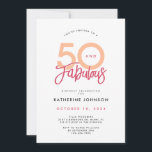 Invitación 50 y fabuloso cumpleaños 50 del Moderno<br><div class="desc">Presentamos nuestra "50 y fabulosa" invitación a la fiesta de cumpleaños 50. En el frente del edificio se encuentran las melocotones, el magenta y las letras negras, que contrastan con un fondo blanco y limpio. La frase '50 and Fabulous' ocupa el centro del escenario, presentada en una tipografía de moda...</div>
