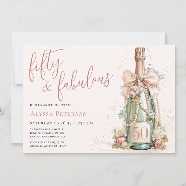 Invitación 50 y Fabuloso Cumpleaños 50 en Rosa Dorado Script (Anverso)