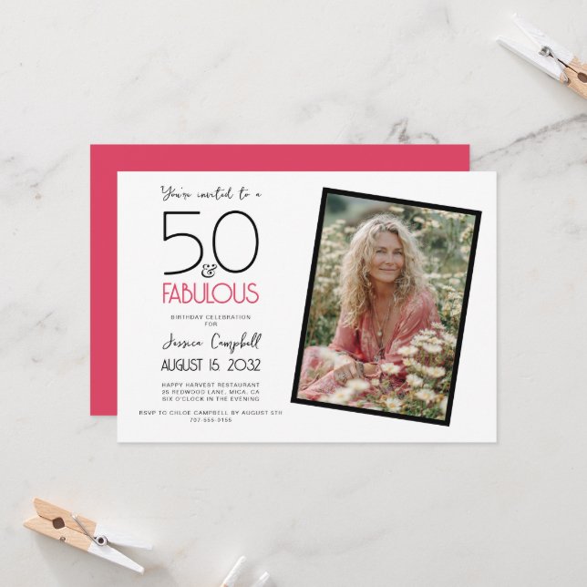 Invitación 50 y fabuloso Cumpleaños 50 Fiesta de Pink (Anverso/Reverso In Situ)