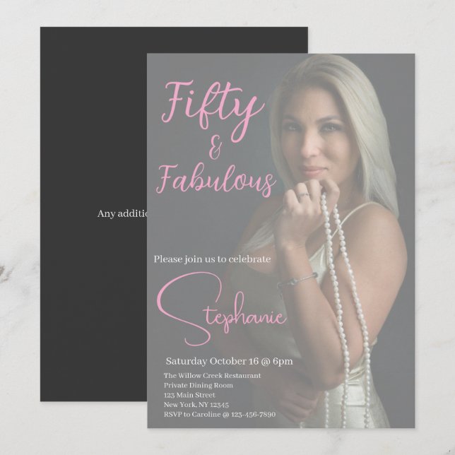 Invitación 50 y fabuloso | Cumpleaños 50 Fiesta Rosa (Anverso / Reverso)