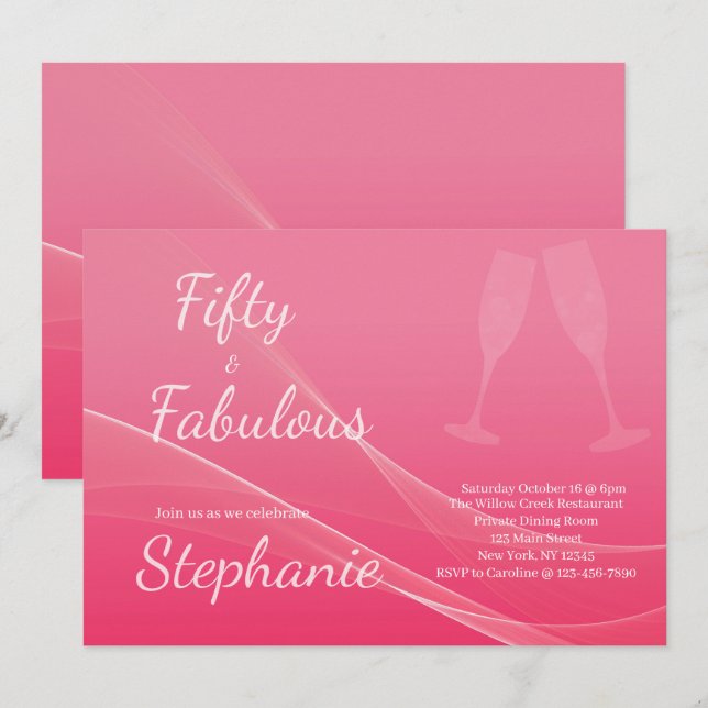 Invitación 50 y fabuloso | Cumpleaños 50 Fiesta Rosa (Anverso / Reverso)