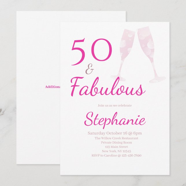 Invitación 50 y fabuloso | Cumpleaños 50 Fiesta Rosa (Anverso / Reverso)