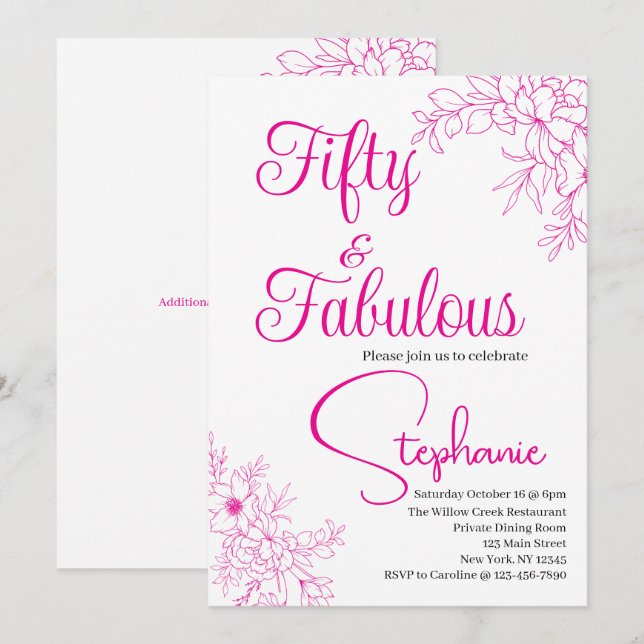 Invitación 50 y fabuloso | Cumpleaños 50 Fiesta Rosa (Anverso / Reverso)