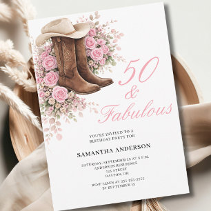 Invitación 50 y Fabuloso Cumpleaños 50 Floral Occidental Rosa
