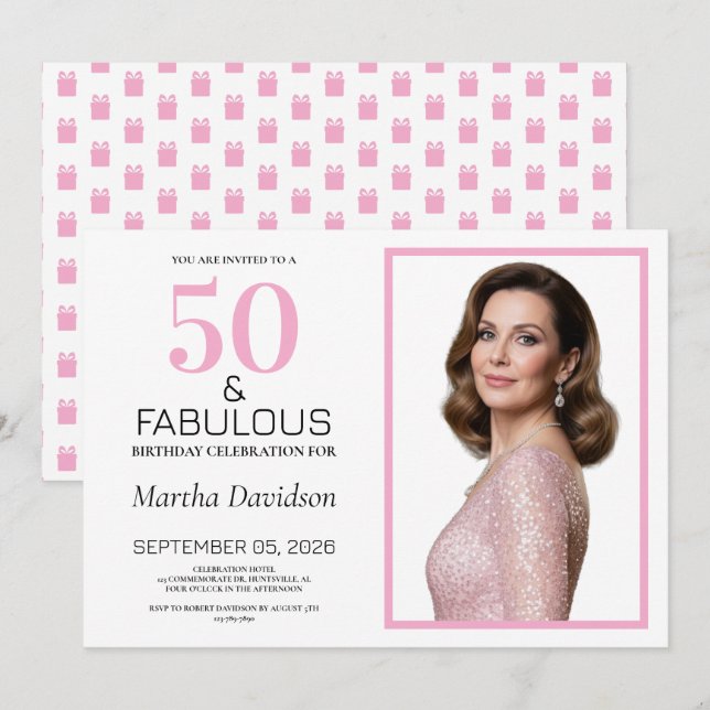 Invitación 50 y Fabuloso Cumpleaños 50 Rosado (Anverso / Reverso)