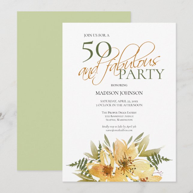 Invitación 50 y fabuloso cumpleaños amarillo y floral verde (Anverso / Reverso)