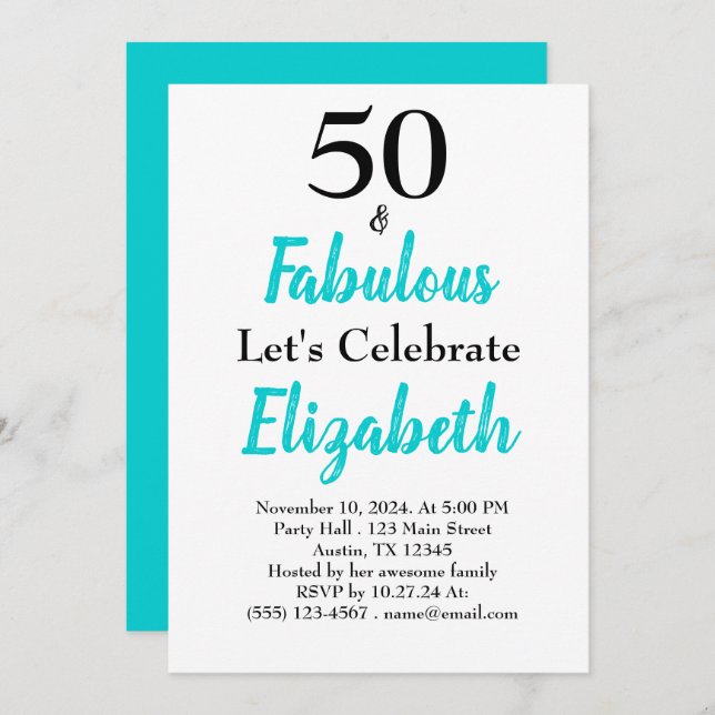 Invitación 50 y fabuloso cumpleaños azul turquesa (Anverso / Reverso)