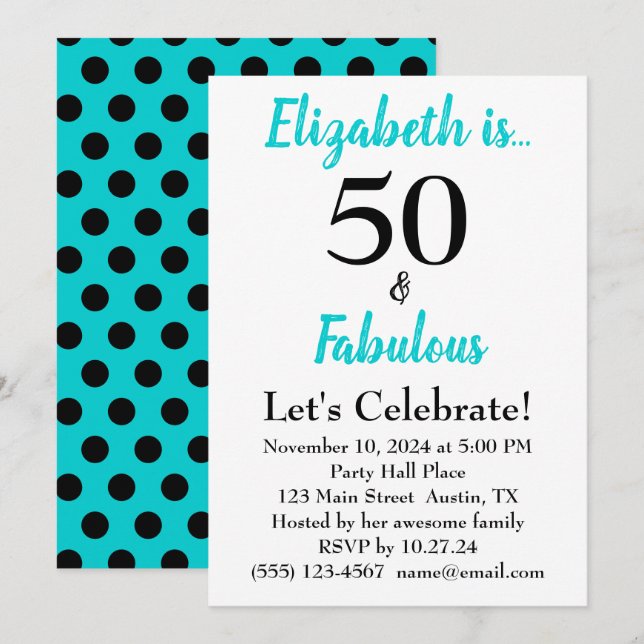 Invitación 50 y fabuloso cumpleaños azul turquesa (Anverso / Reverso)