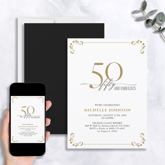 Invitación 50 y fabuloso cumpleaños blanco y dorado negro (Subido por el creador)