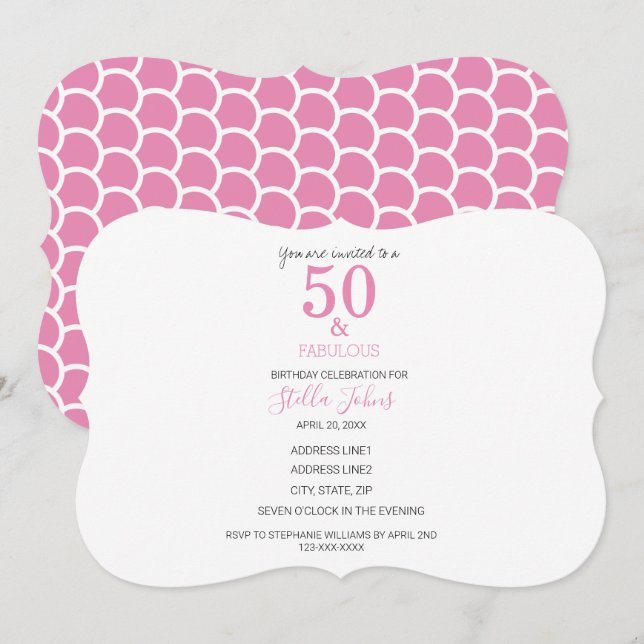 Invitación 50 y fabuloso cumpleaños colorido de sirena rosa (Anverso / Reverso)