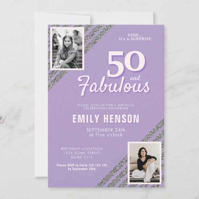 Invitación 50 y Fabuloso Cumpleaños con Brillo de Plata 2 Fot (Anverso)