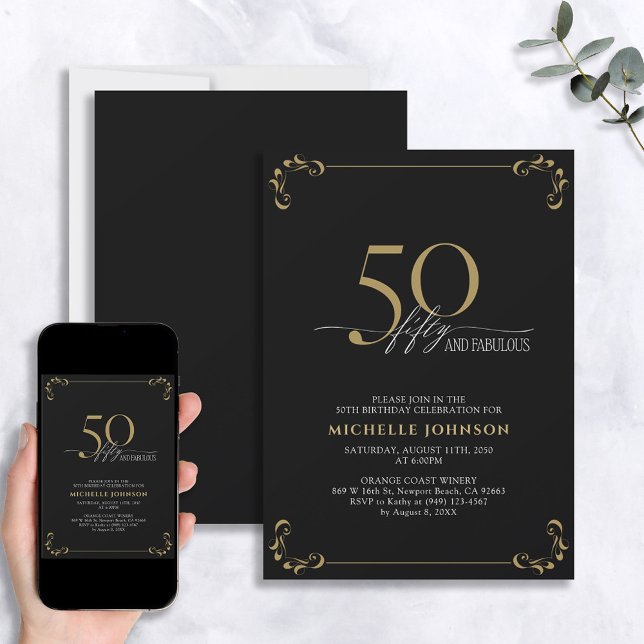 Invitación 50 y fabuloso cumpleaños de caligrafía en negro y  (Subido por el creador)