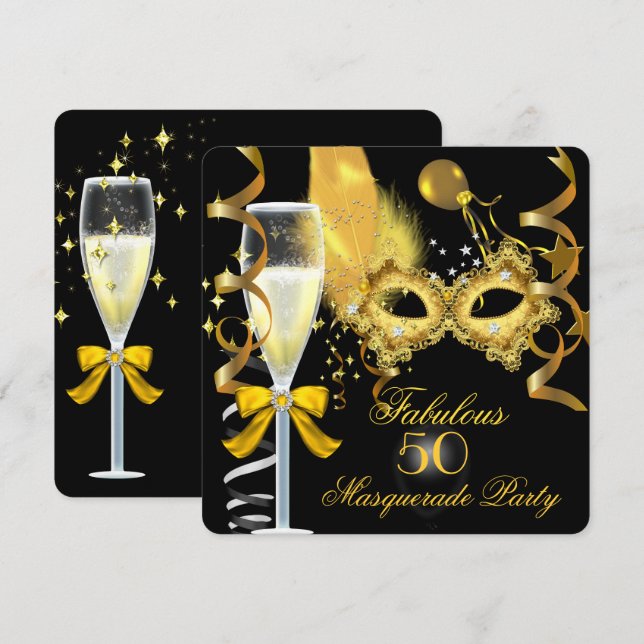 Invitación 50 y fabuloso cumpleaños de disfraz de oro negro (Anverso / Reverso)