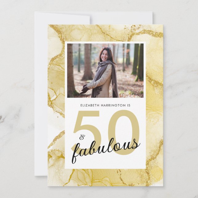 Invitación 50 Y Fabuloso Cumpleaños De La Foto Blanca De Oro (Anverso)