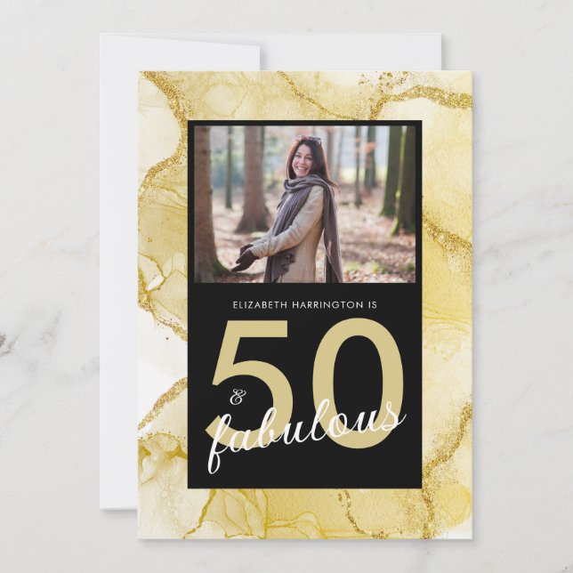 Invitación 50 Y Fabuloso Cumpleaños De La Foto Negra De Oro (Anverso)