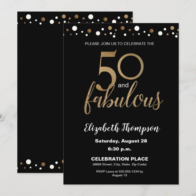 Invitación 50 y fabuloso cumpleaños de oro y confetti negro (Anverso / Reverso)