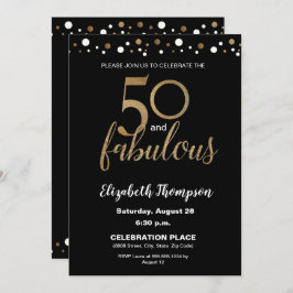 Invitación 50 y fabuloso cumpleaños de oro y confetti negro