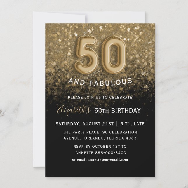 Invitación 50 y fabuloso cumpleaños de Purpurina negro y oro (Anverso)