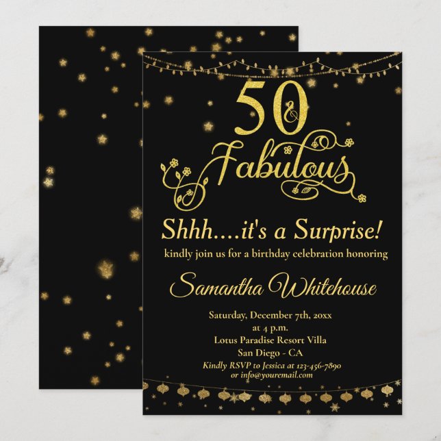 Invitación 50 y fabuloso cumpleaños de sorpresa Gold Black  (Anverso / Reverso)