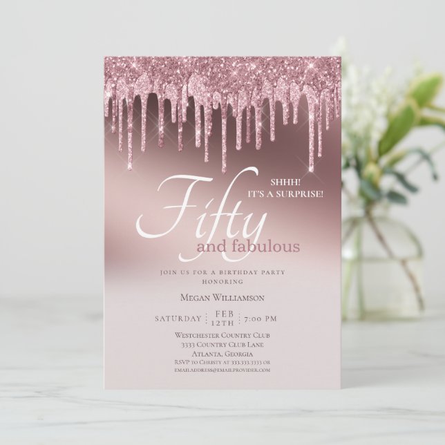Invitación 50 y fabuloso cumpleaños del Purpurina Rosa de Sor (Anverso de pie)
