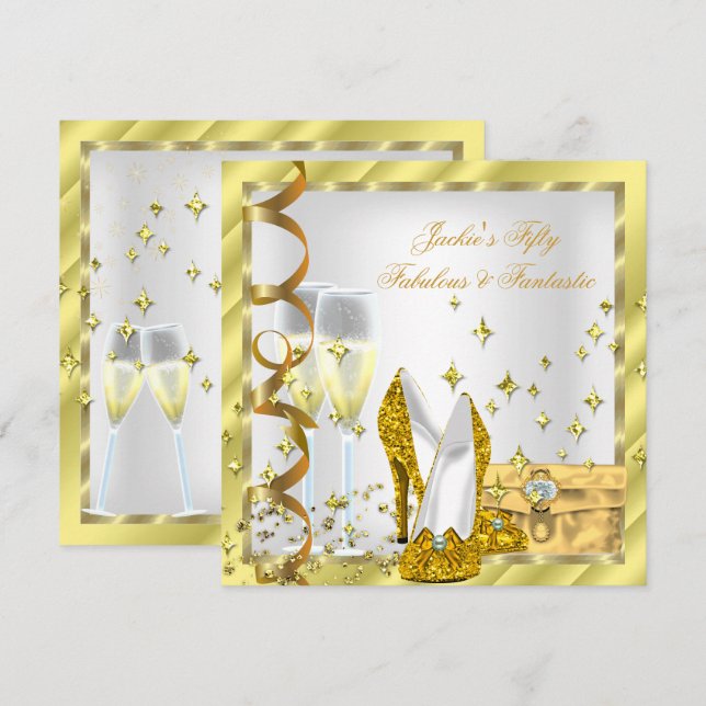 Invitación 50 y fabuloso cumpleaños dorado amarillo blanco (Anverso / Reverso)