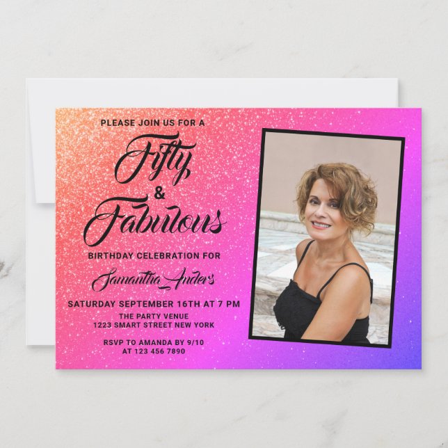 Invitación 50 y fabuloso cumpleaños elegante de fotos rosadas (Anverso)