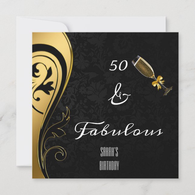 Invitación 50 y fabuloso cumpleaños elegante negro y oro (Anverso)