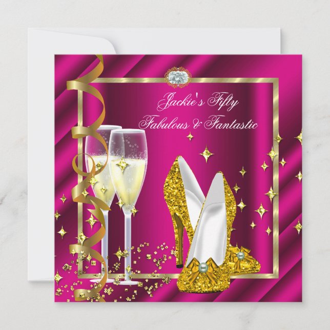 Invitación 50 y fabuloso Cumpleaños fantástico rosa amarillo  (Anverso)