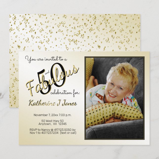 Invitación 50 y fabuloso cumpleaños fiesta diversión negro/or (Anverso / Reverso)