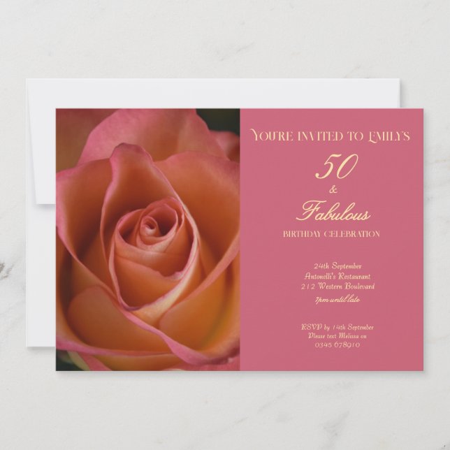 Invitación 50 y Fabuloso Cumpleaños Floral Rosa (Anverso)
