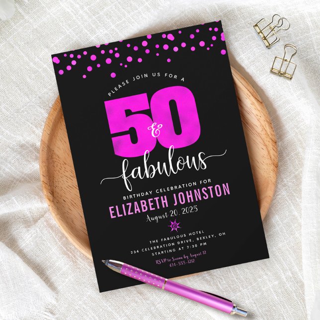 Invitación 50 y fabuloso cumpleaños glam rosa caliente puntos (Subido por el creador)