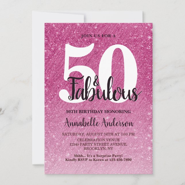 Invitación 50 y fabuloso cumpleaños Hot Pink Sparkle Tinsel (Anverso)