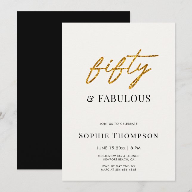 Invitación 50 y fabuloso cumpleaños moderno Black White Gold (Anverso / Reverso)