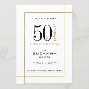 Invitación 50 y fabuloso cumpleaños moderno negro y oro