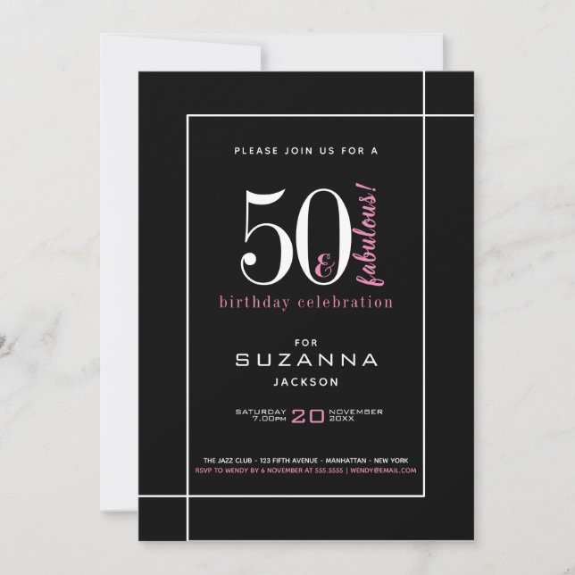 Invitación 50 y fabuloso cumpleaños moderno negro y rosa (Anverso)