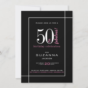 Invitación 50 y fabuloso cumpleaños moderno negro y rosa