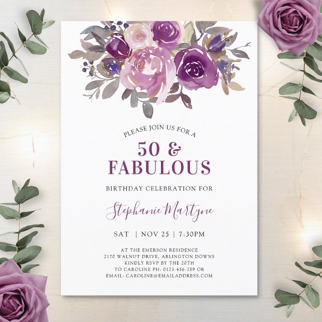 Invitación 50 y fabuloso cumpleaños morado de Mauve Dusty Flo (Subido por el creador)