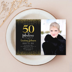 Invitación 50 y fabuloso cumpleaños negro brillo dorado foto