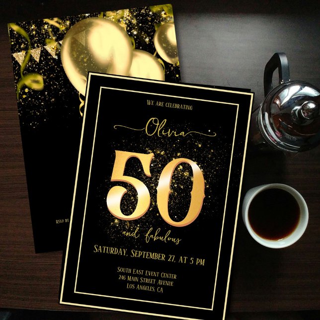 Invitación 50 y fabuloso cumpleaños negro de oro (Subido por el creador)