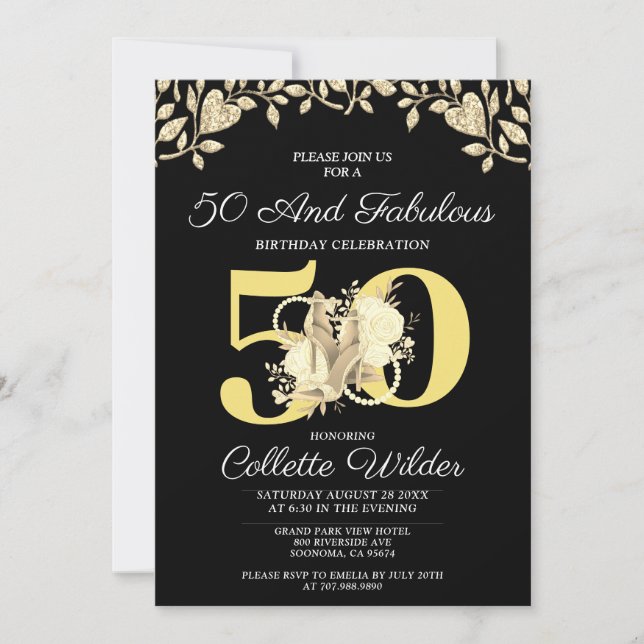 Invitación 50 Y Fabuloso Cumpleaños Negro De Oro (Anverso)
