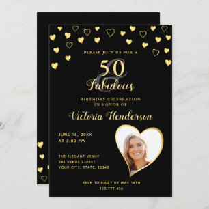 Invitación 50 y fabuloso cumpleaños negro y oro