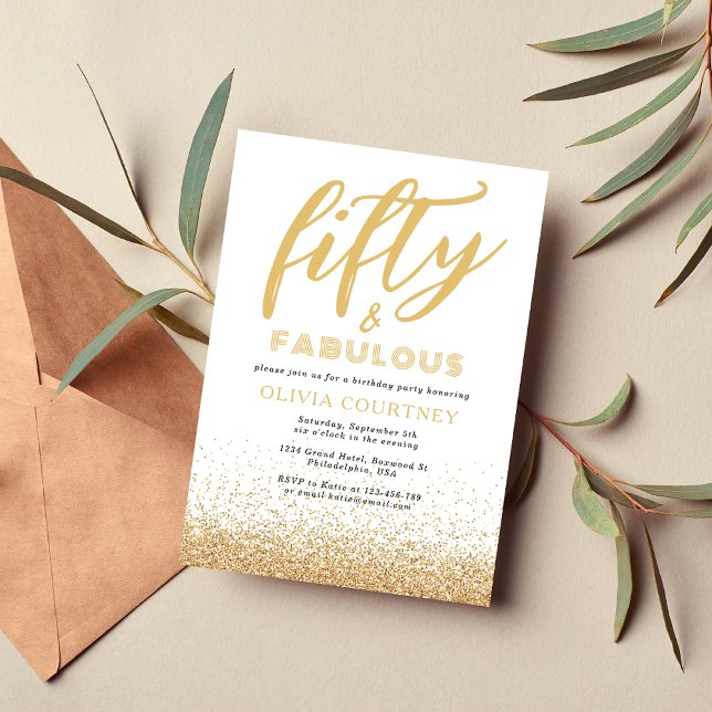 Invitación 50 y fabuloso cumpleaños Purpurina de oro y blanco (Subido por el creador)