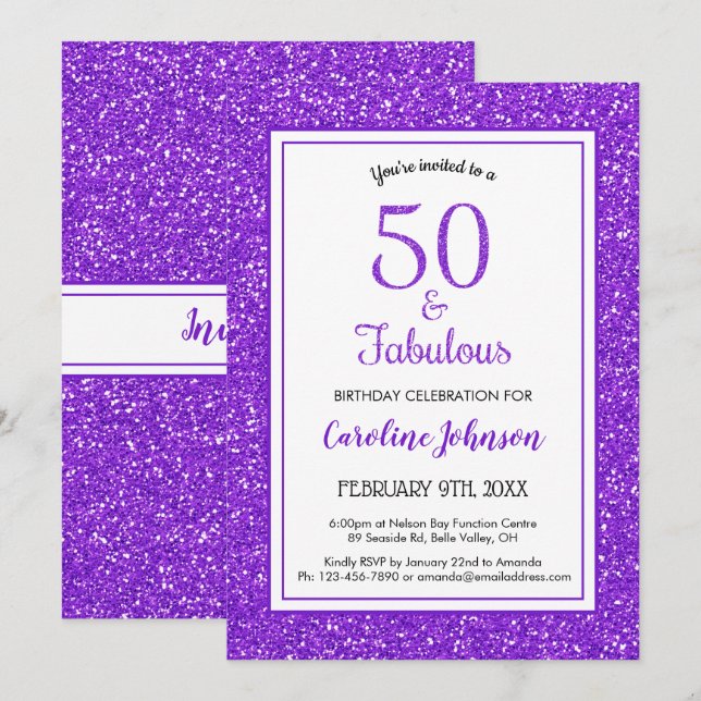 Invitación 50 y fabuloso cumpleaños Purpurina espumoso morado (Anverso / Reverso)